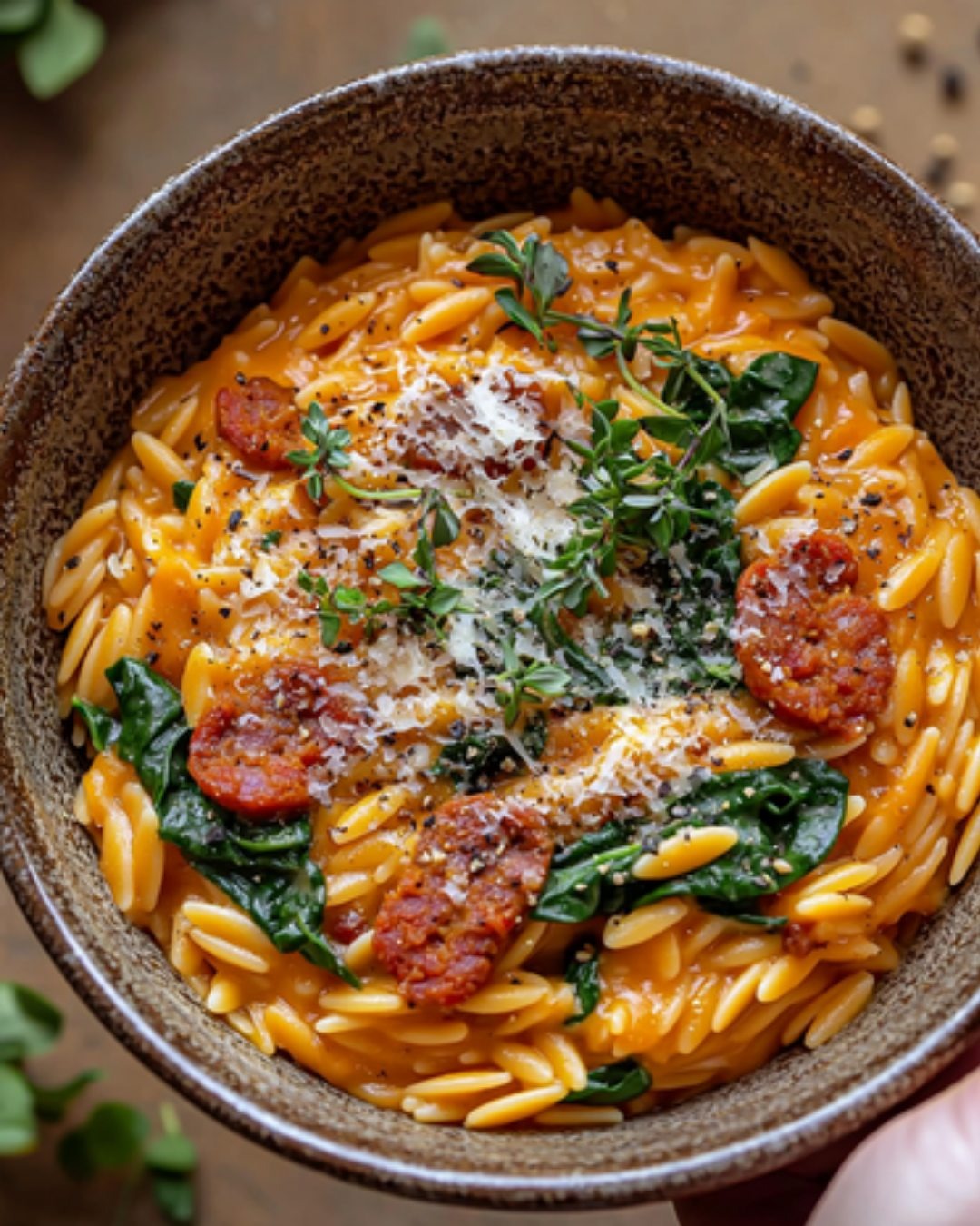 Orzo Crémeux au Chorizo, Parmesan et Épinards