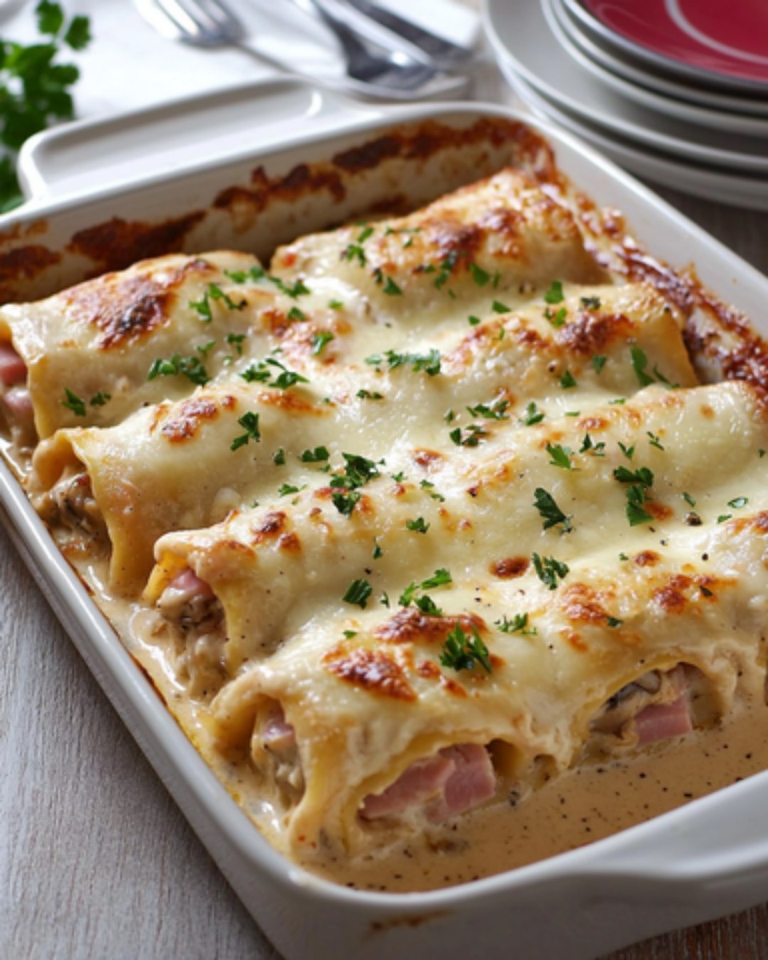 Lasagnes Roulées Gratinées au Jambon et Champignons Fondants