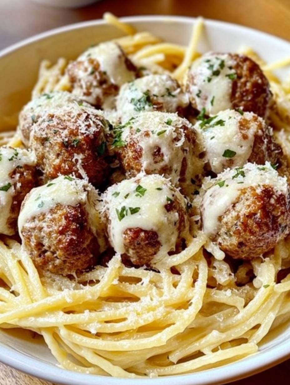 boulettes de viande à l’ail avec des pâtes crémeuses au parmesan