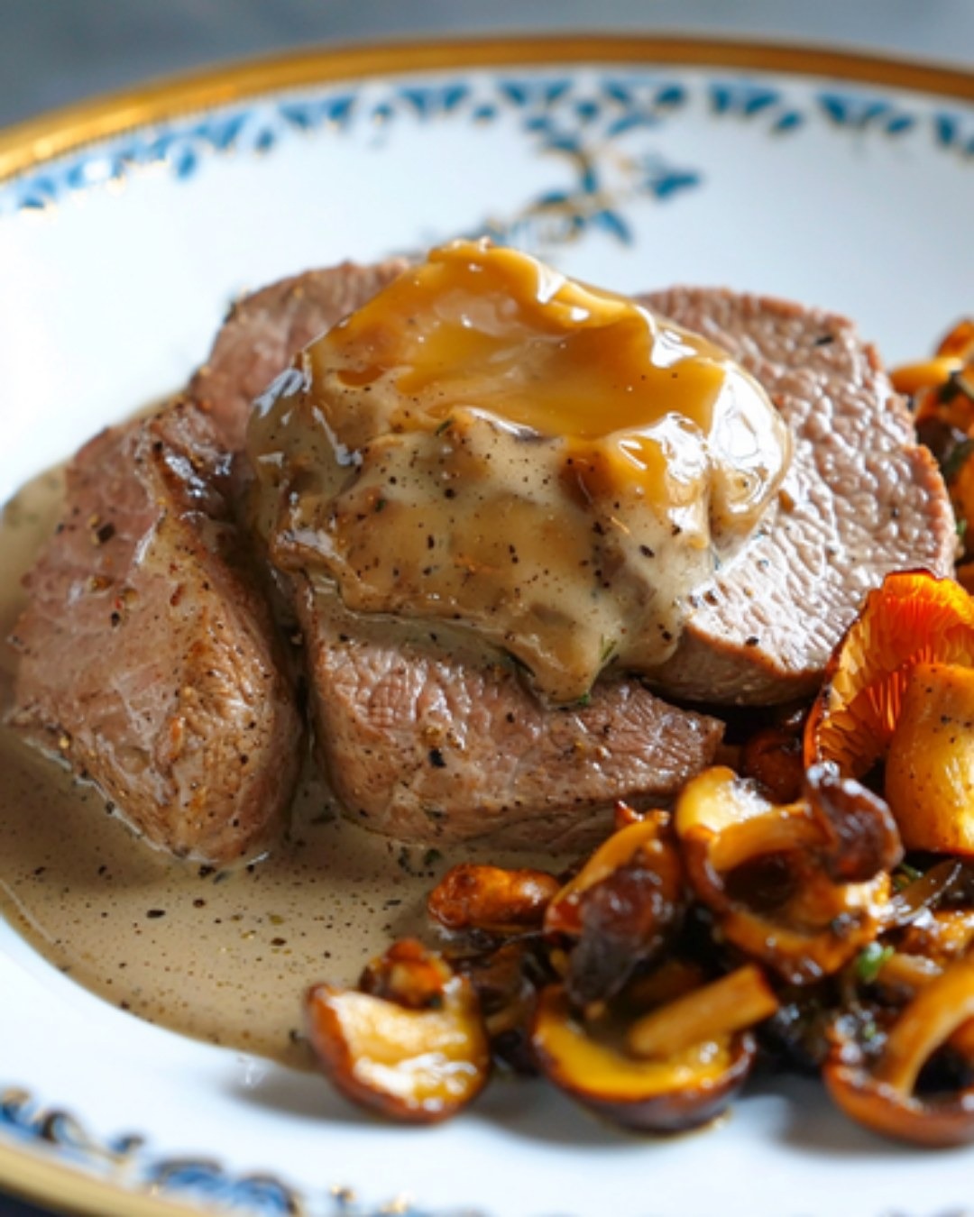 Médaillon de Veau à la Sauce Foie Gras et Champignons 