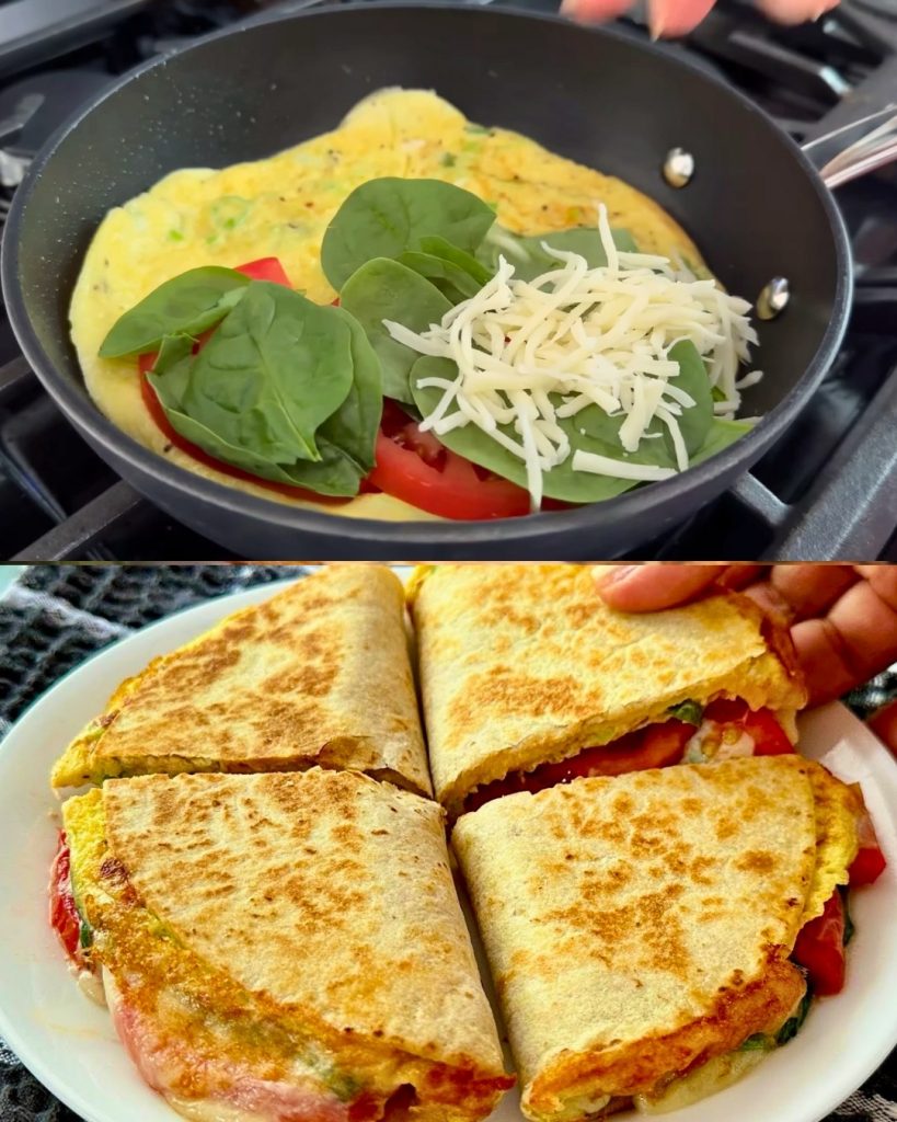 Français:Rouleau de petit-déjeuner rapide et délicieux à la tortilla avec œufs, tomates et épinards