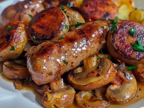 Saucisses, Champignons et Pommes de Terre au Four