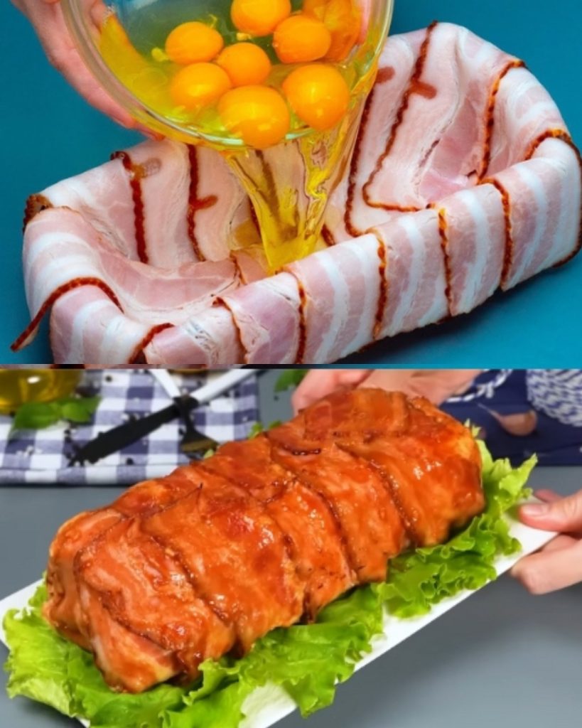 Côtelettes de porc enrobées de bacon avec fromage, salade fraîche et œufs au plat