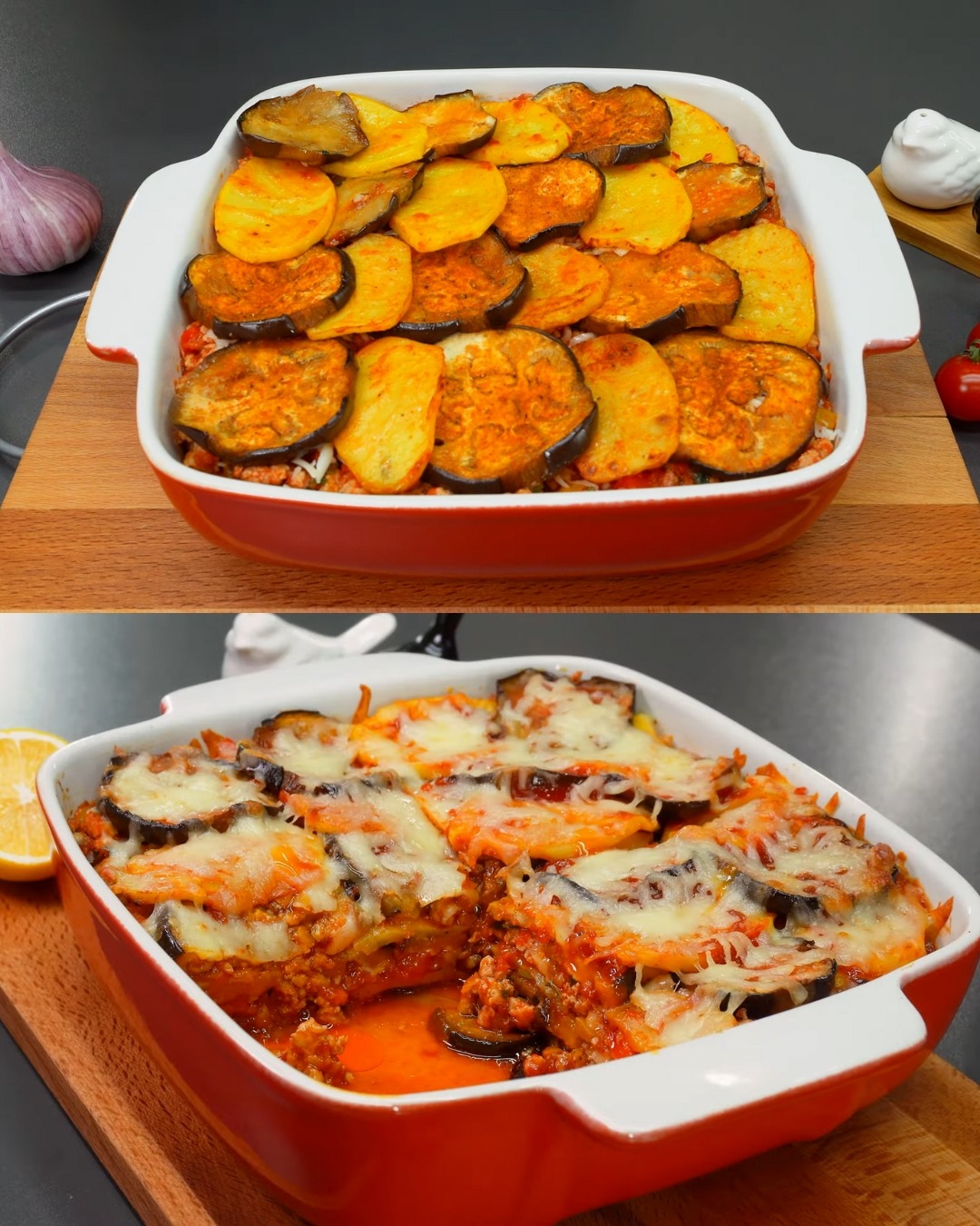 Gratin d’aubergines et de pommes de terre avec mozzarella