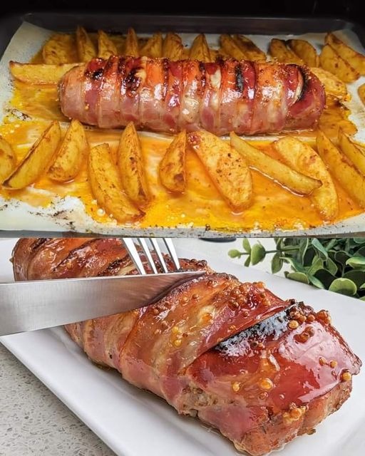 Filet de porc enrobé de bacon et pommes de terre rôties dignes d’un banquet