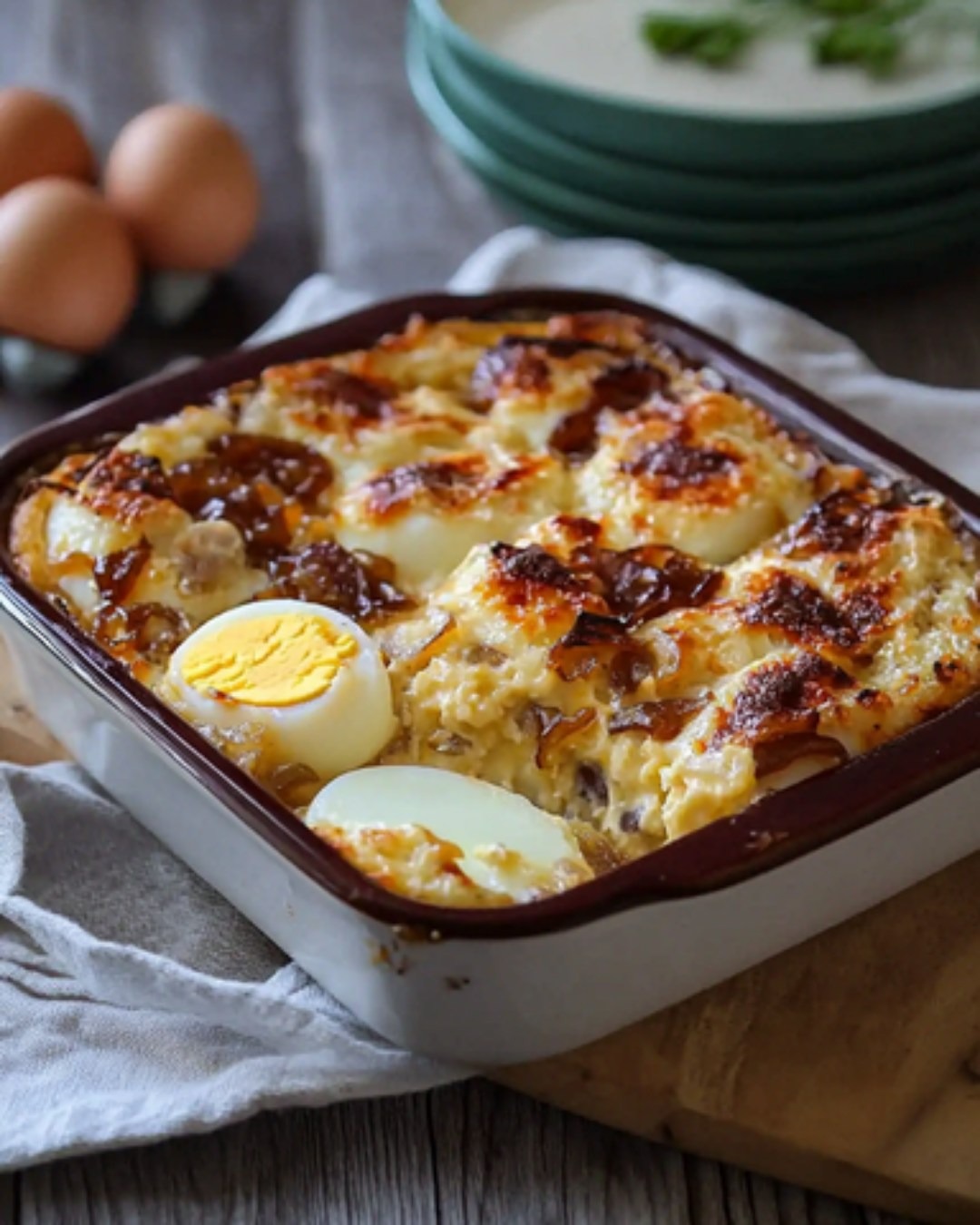 Gratin d’Oeufs Durs et Fondue d’Oignons à la Sauce Mornay