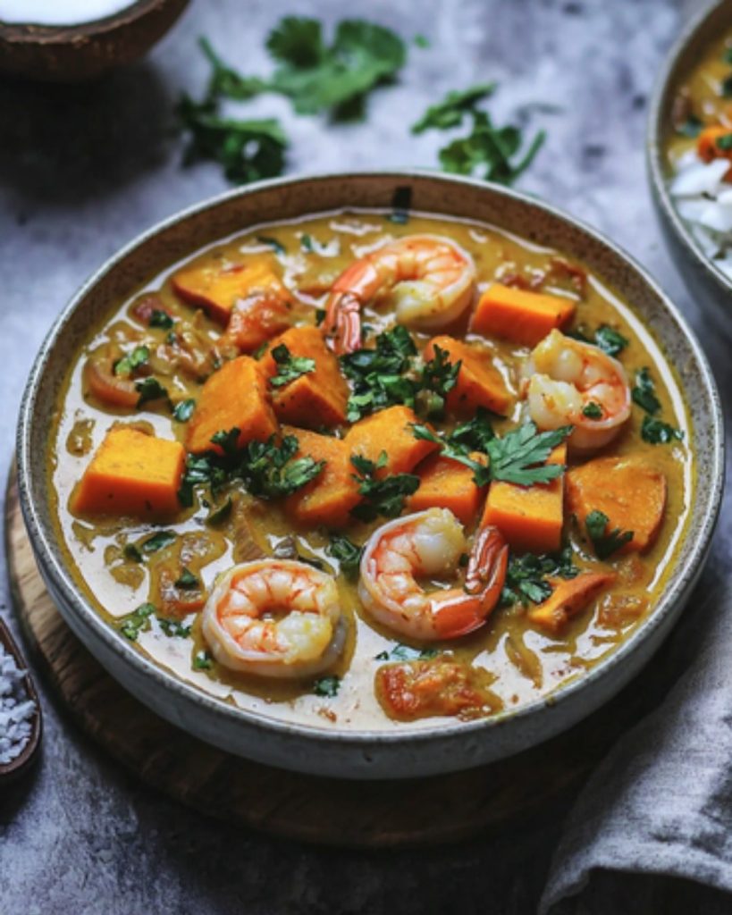 Curry de Crevettes, Patate Douce et Lait de Coco