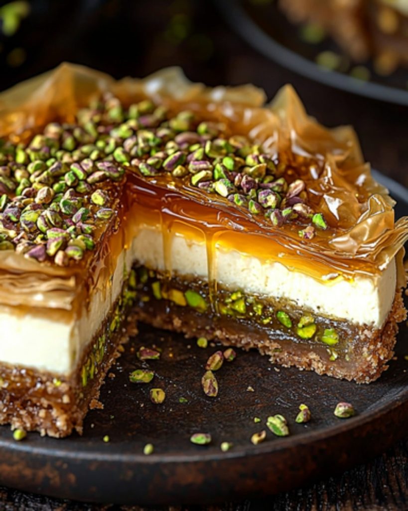 Cheesecake Baklava au Miel et Pistaches : Un Dessert Croustillant et Fondant 