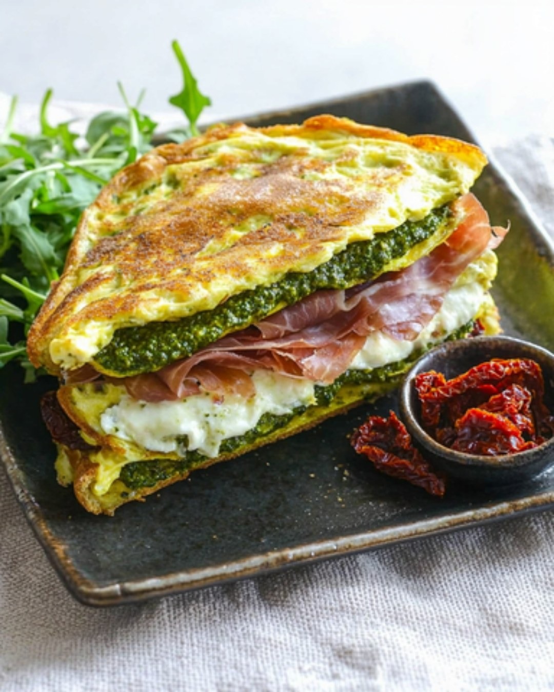 Omelette en Sandwich avec Pesto, Mozzarella et Jambon Cru