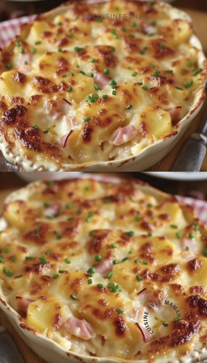 Gratin de chou-fleur, pommes de terre, fromage et jambon