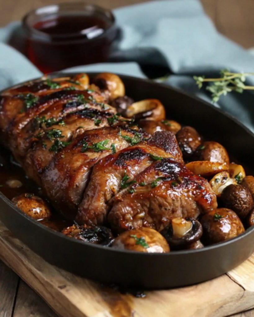 Filet Mignon de Porc au Cidre, Châtaignes et Champignons Persillés