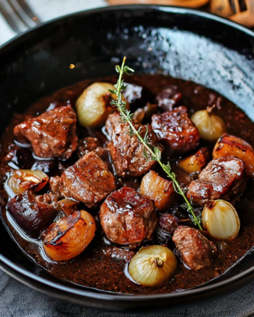 Petits Morceaux de Porc Mijotés en Cocotte, Sauce Bourguignonne