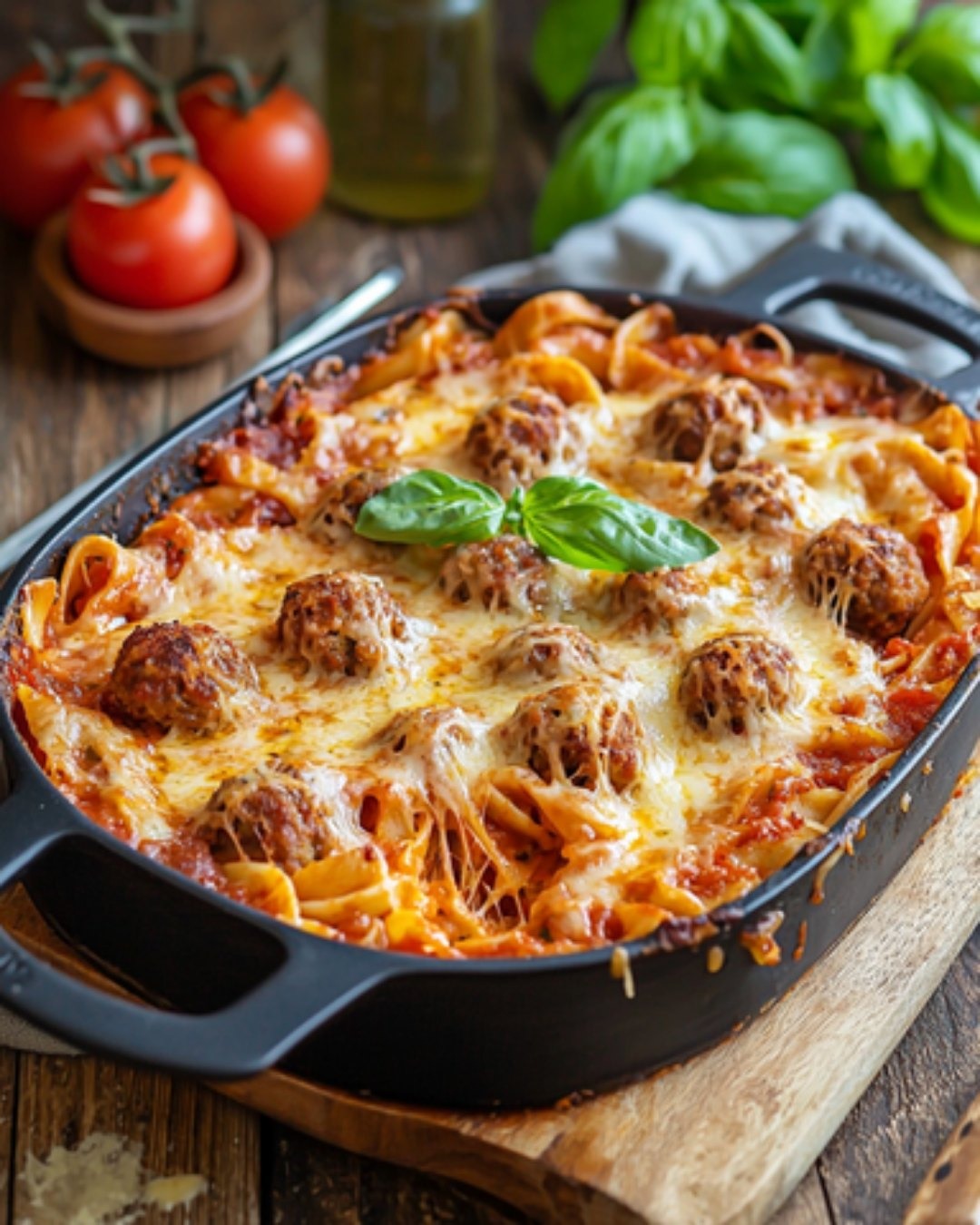 Gratin de linguine aux boulettes de viande en sauce tomate