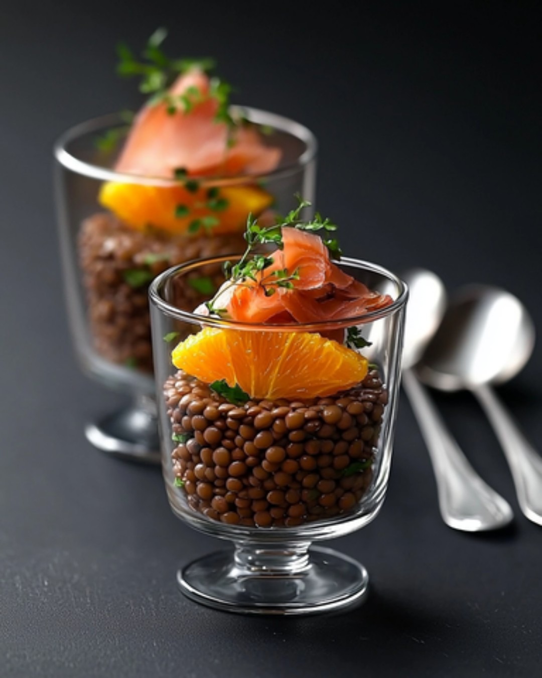 Verrines Raffinées de Lentilles, Orange et Saumon Fumé : Un Mélange Parfait pour Vos Fêtes 