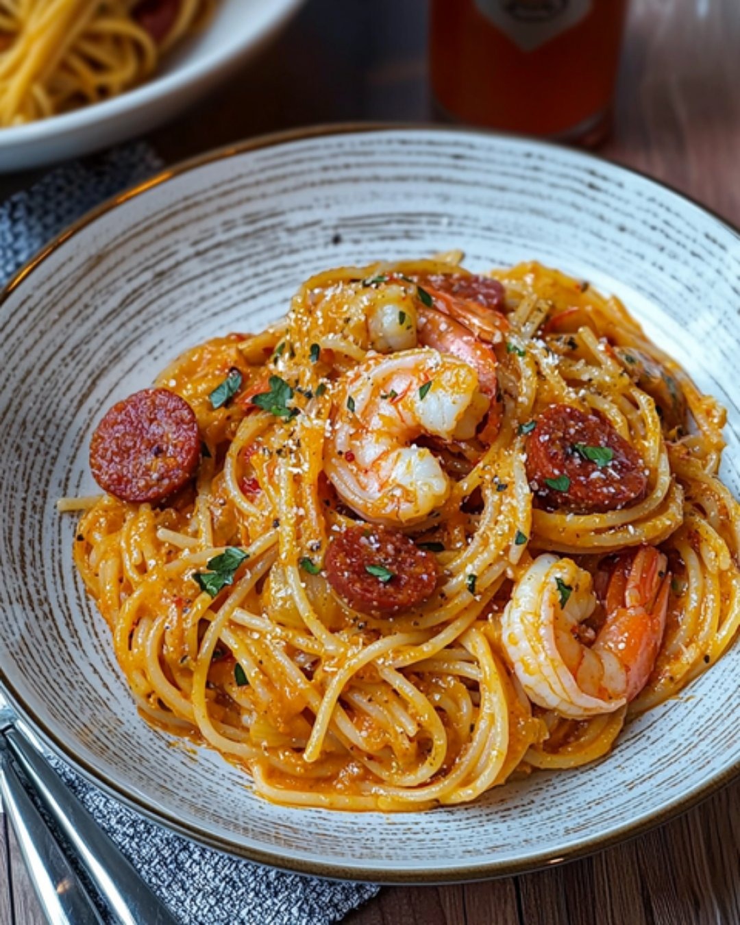 Spaghetti à la Crème de Poivron, Chorizo et Crevettes