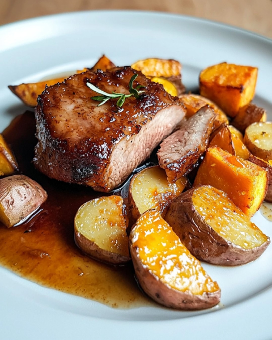 Confit de Filet Mignon au Miel, Orange et Gingembre, Patates Douces à l’Érable