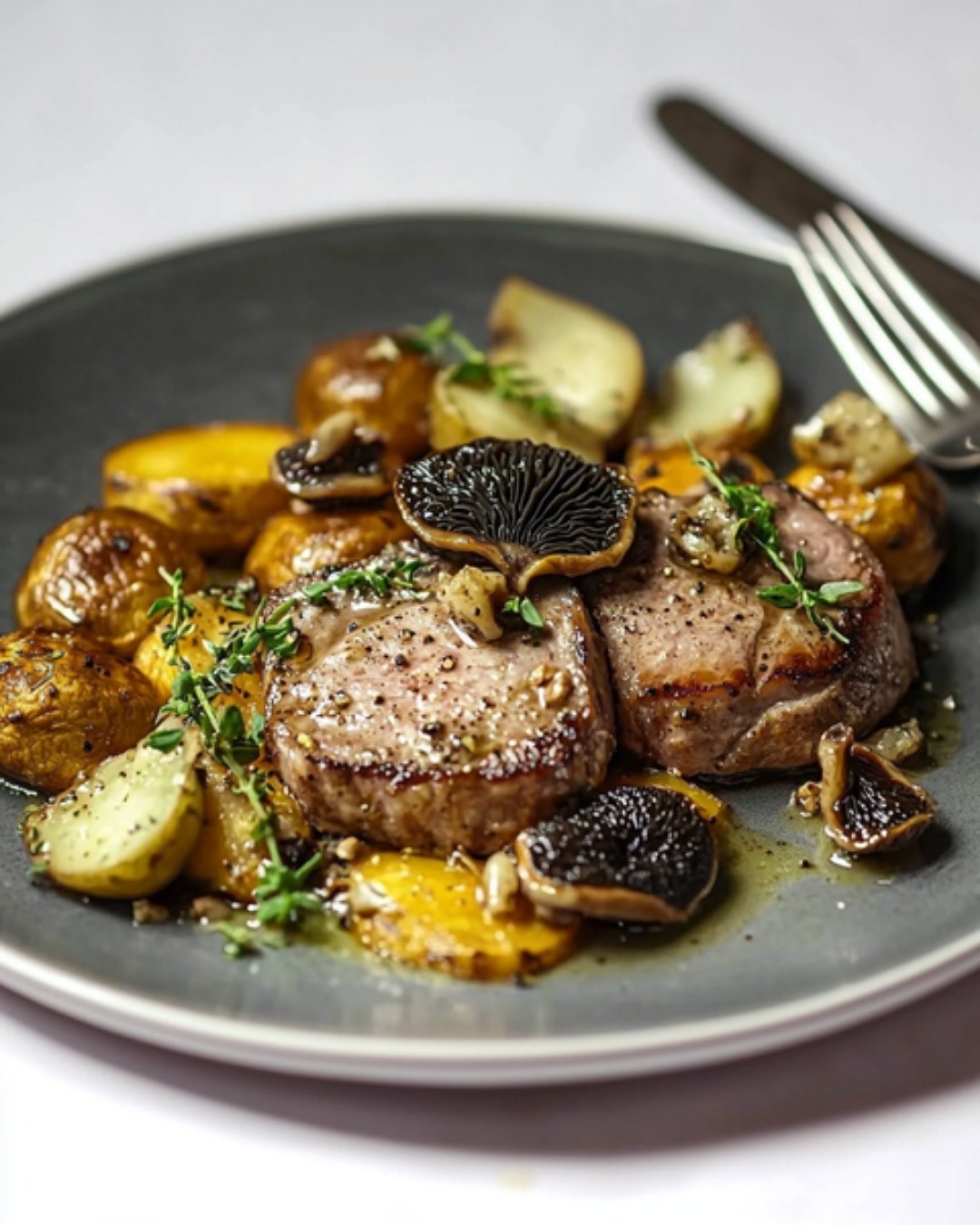 Médaillons de veau aux morilles et légumes