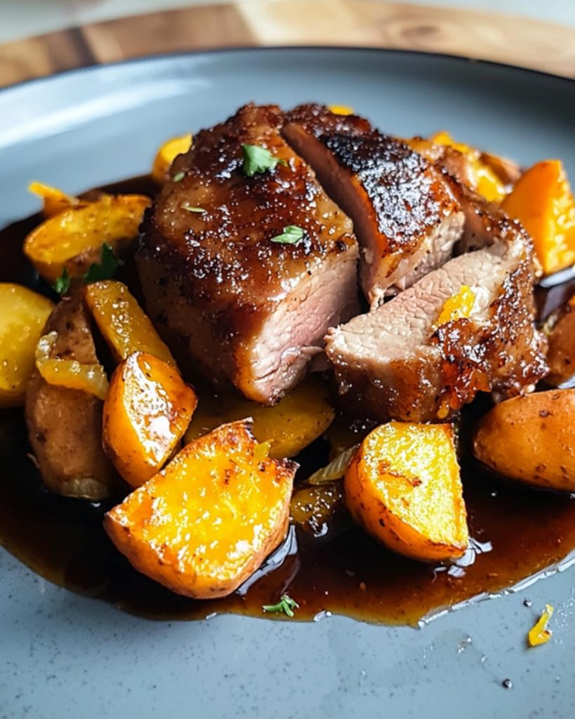 Confit de filet mignon au miel, orange et gingembre, patates douces à l’érable