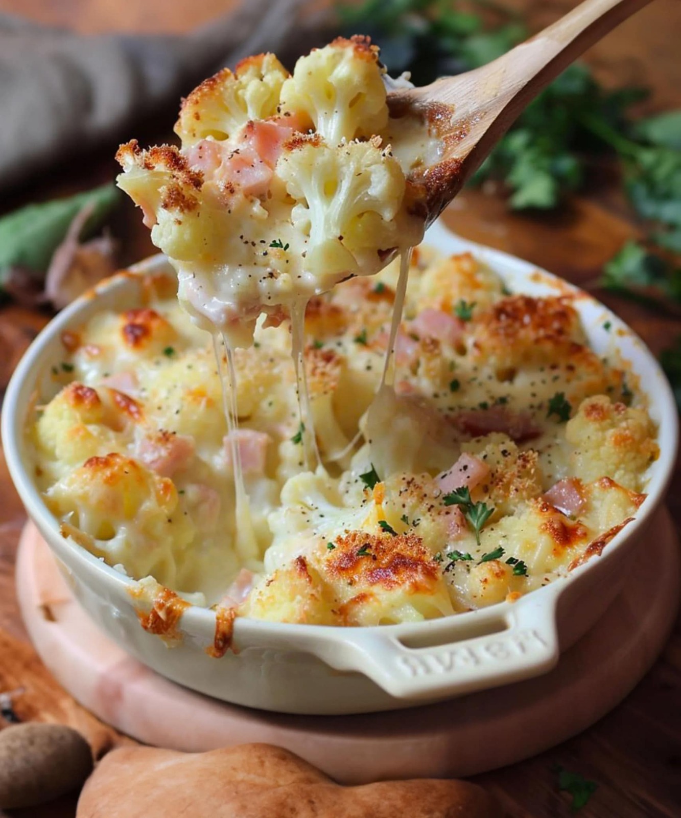 Gratin Réconfortant de Chou-Fleur, Pommes de Terre, Fromage et Jambon