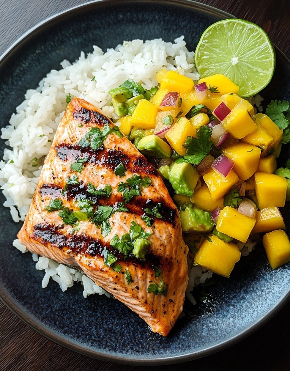 Saumon au citron vert avec riz à la noix de coco et salsa avocat-mangue