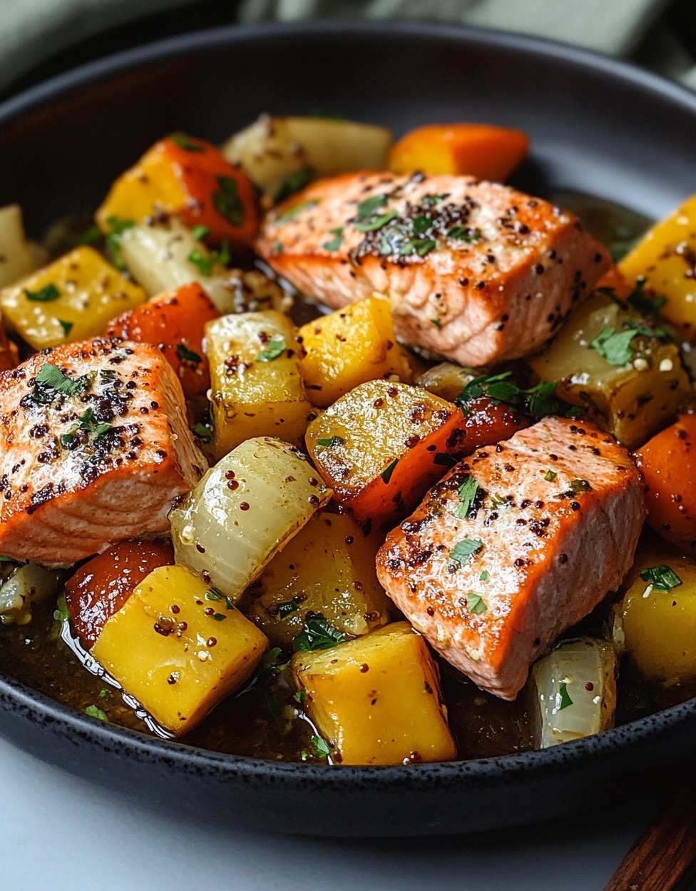 Bouchées de saumon à la moutarde et légumes au miel