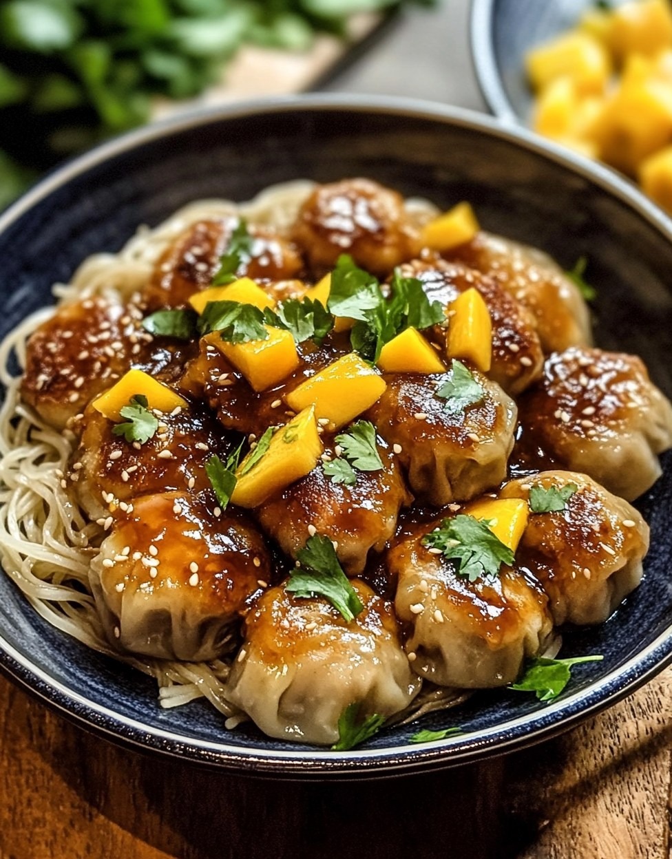 Boulettes de poulet avec nouilles de riz et sauce mangue-chili