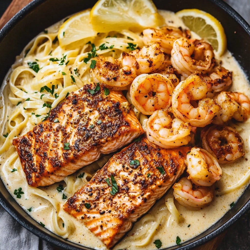 saumon et crevettes avec pâtes à la sauce Alfredo