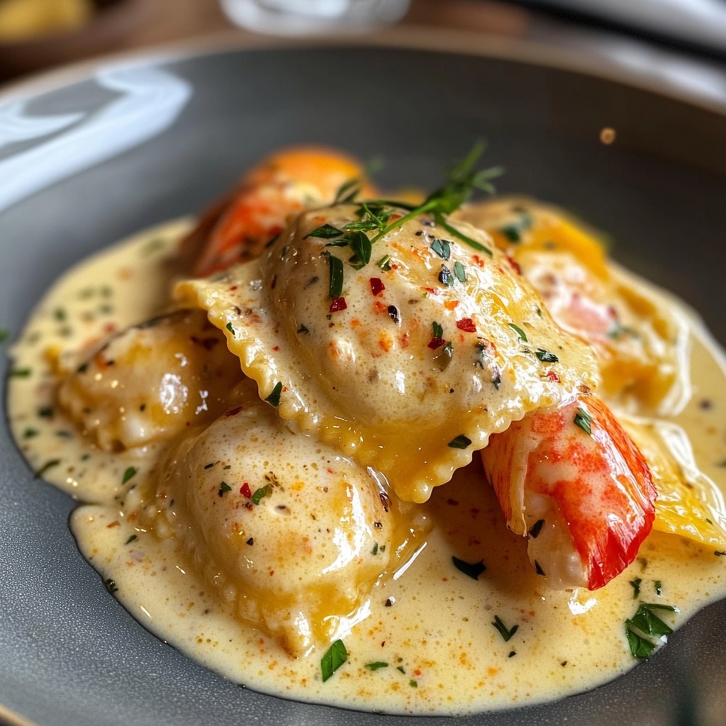 raviolis de homard accompagnés d’une crème d’ail et au safran