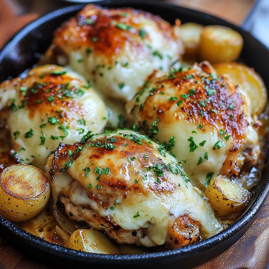 Ce poulet aux oignons français rôtis à la poêle et pommes de terre