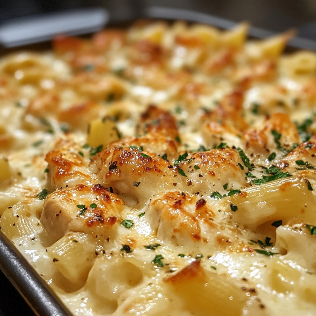 Les pâtes au poulet, ail et parmesan