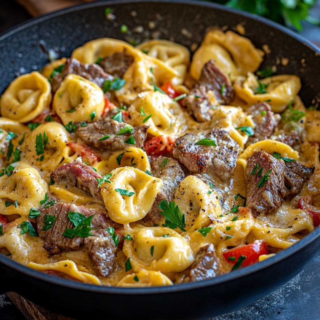 délicieuse recette de tortellinis crémeux au fromage et au steak