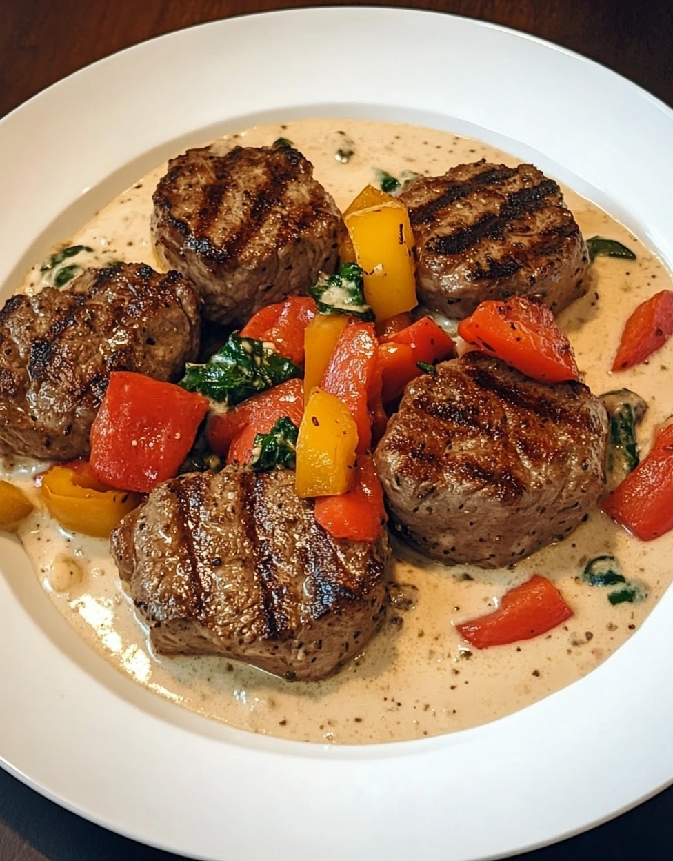 Steaks hachés maison avec sauce aux poivrons et crème