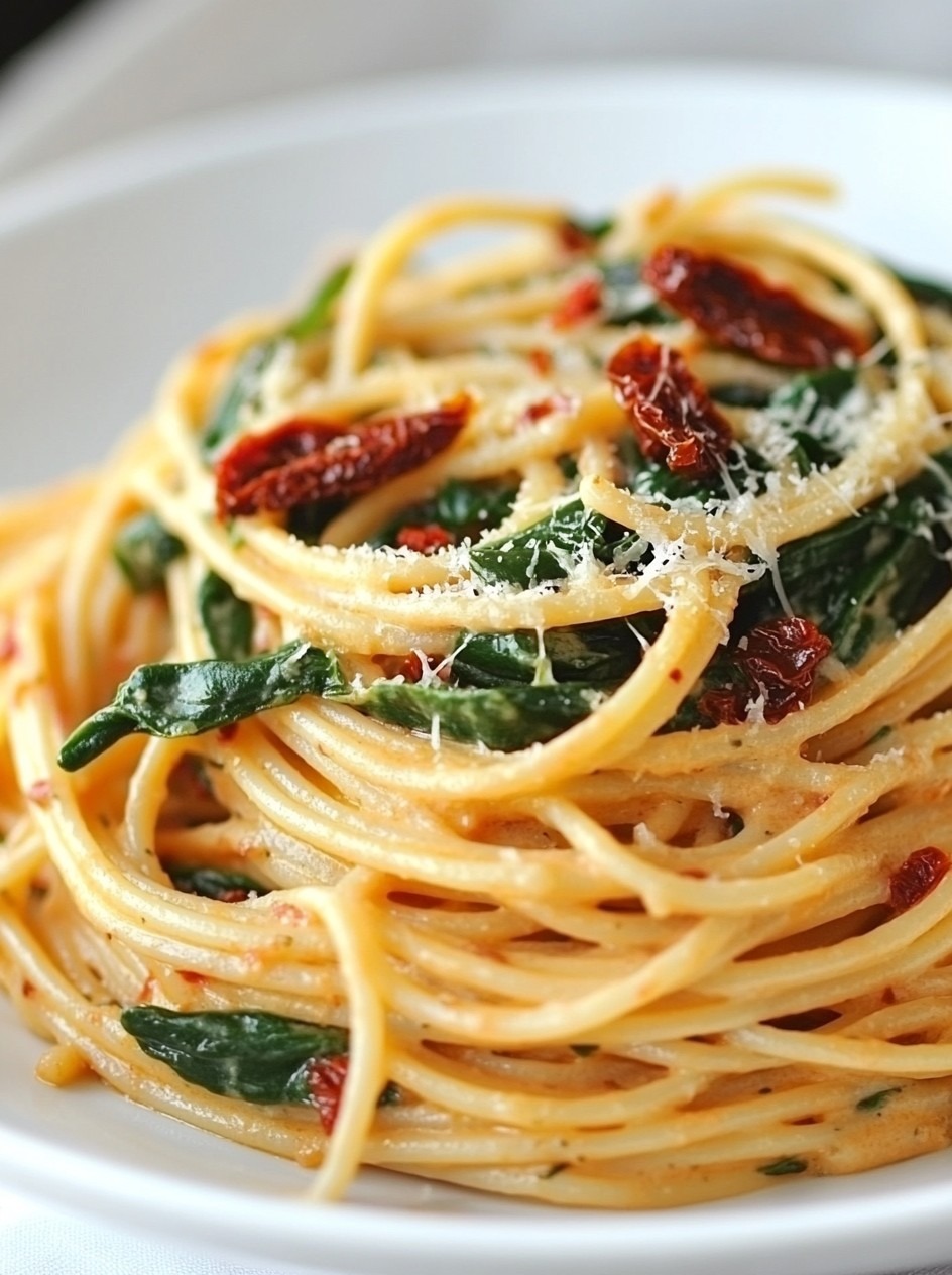 Spaghetti et épinards avec une sauce crémeuse aux tomates séchées au soleil