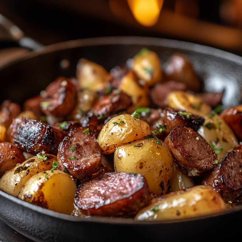 poêlée de saucisses fumées et pommes de terre