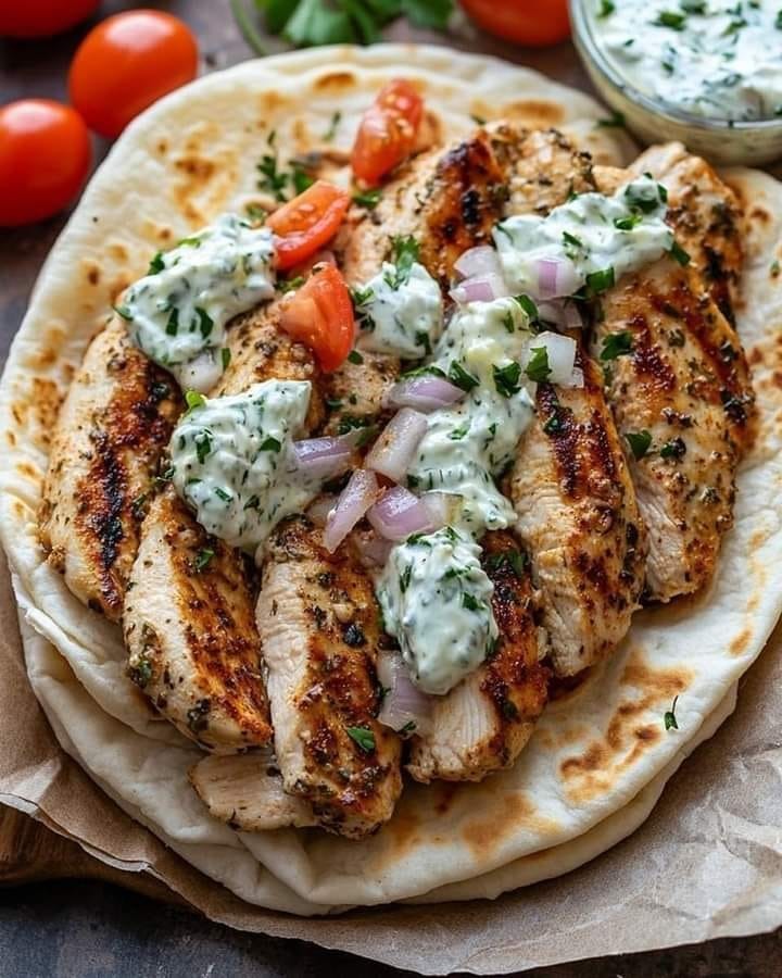 Gyros de poulet méditerranéen avec tzatziki crémeux à la feta