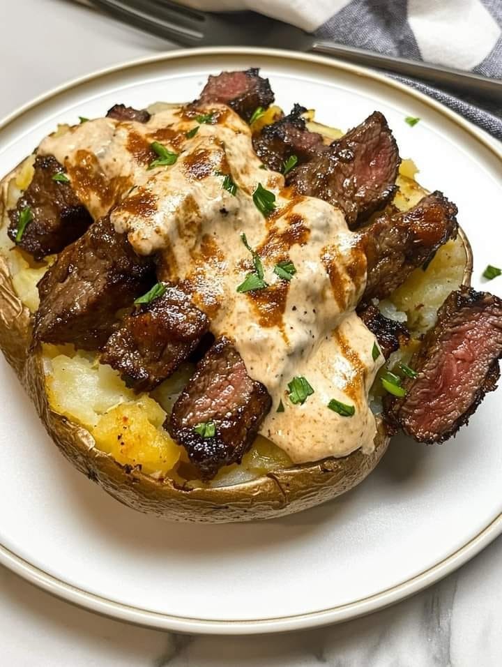 Pommes de terre au four garnies de bouchées de steak