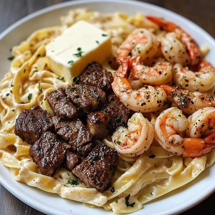 Pâtes cajun crémeuses avec steak juteux et fruits de mer