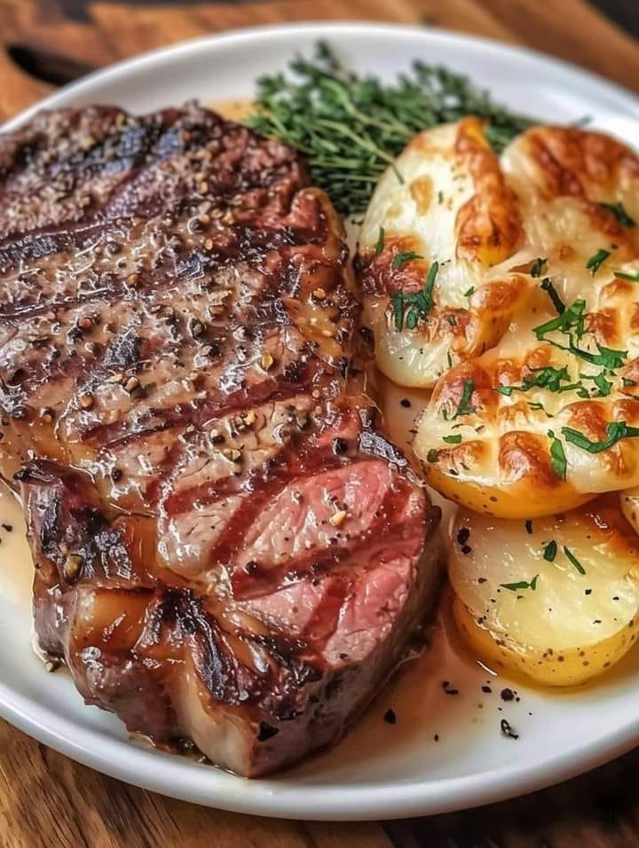 STEAK DE RIBEY AVEC POMMES DE TERRE FESTONNÉES AU FROMAGE 