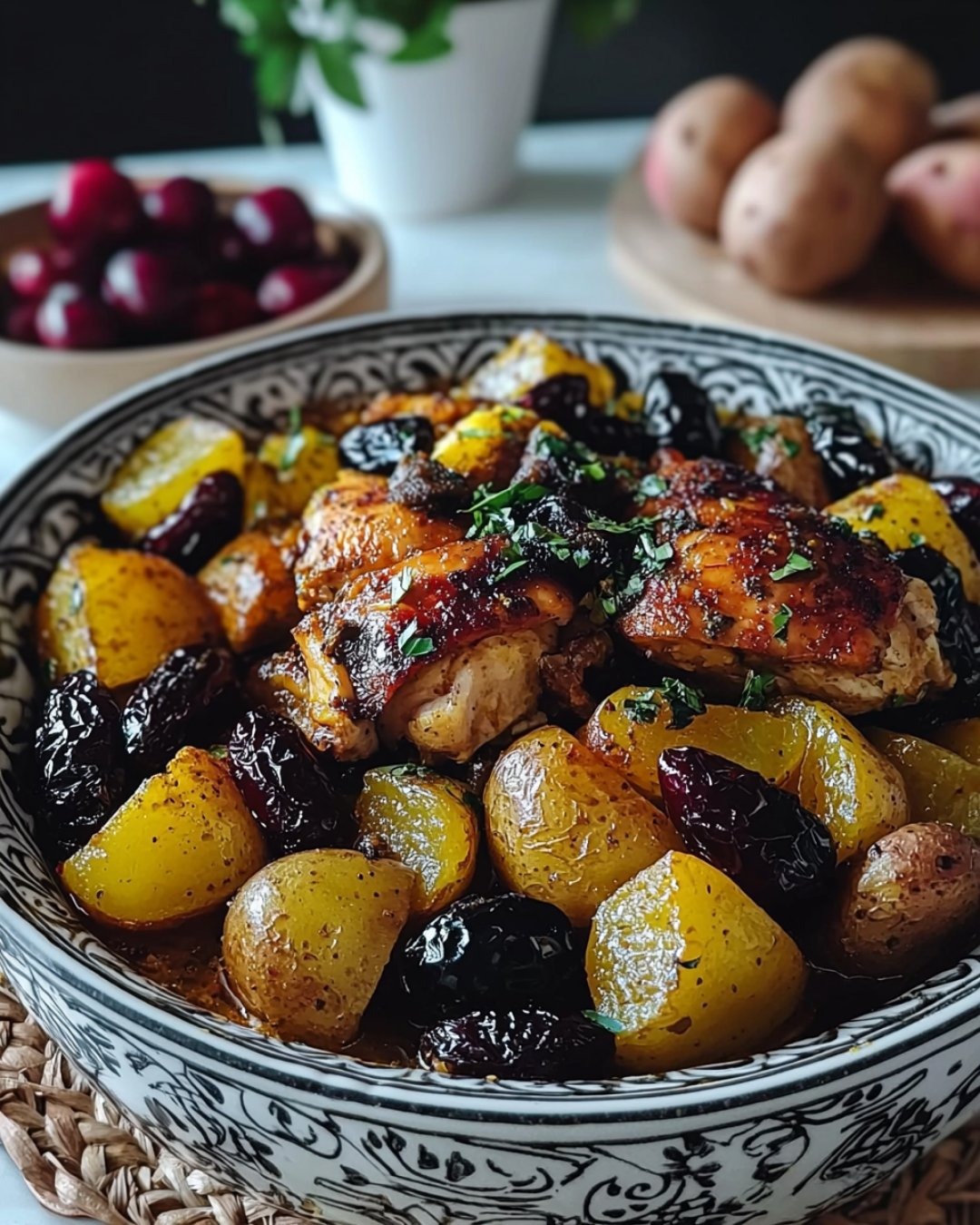 Tajine au poulet, pommes de terre et pruneaux