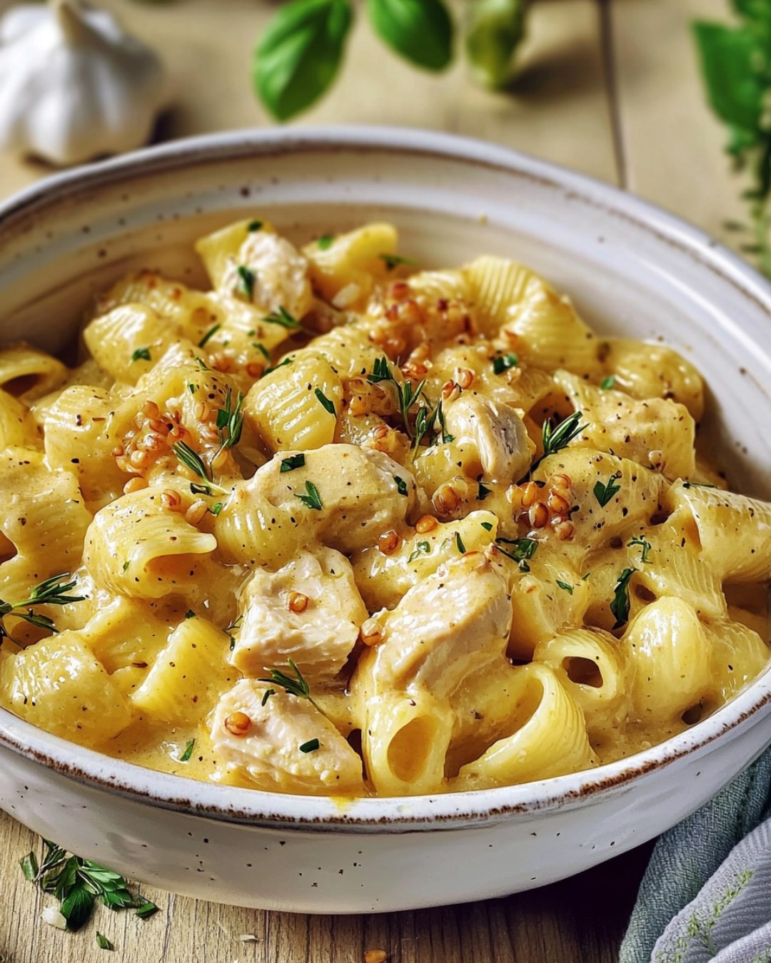 Lumaconi au poulet et moutarde à l’ancienne