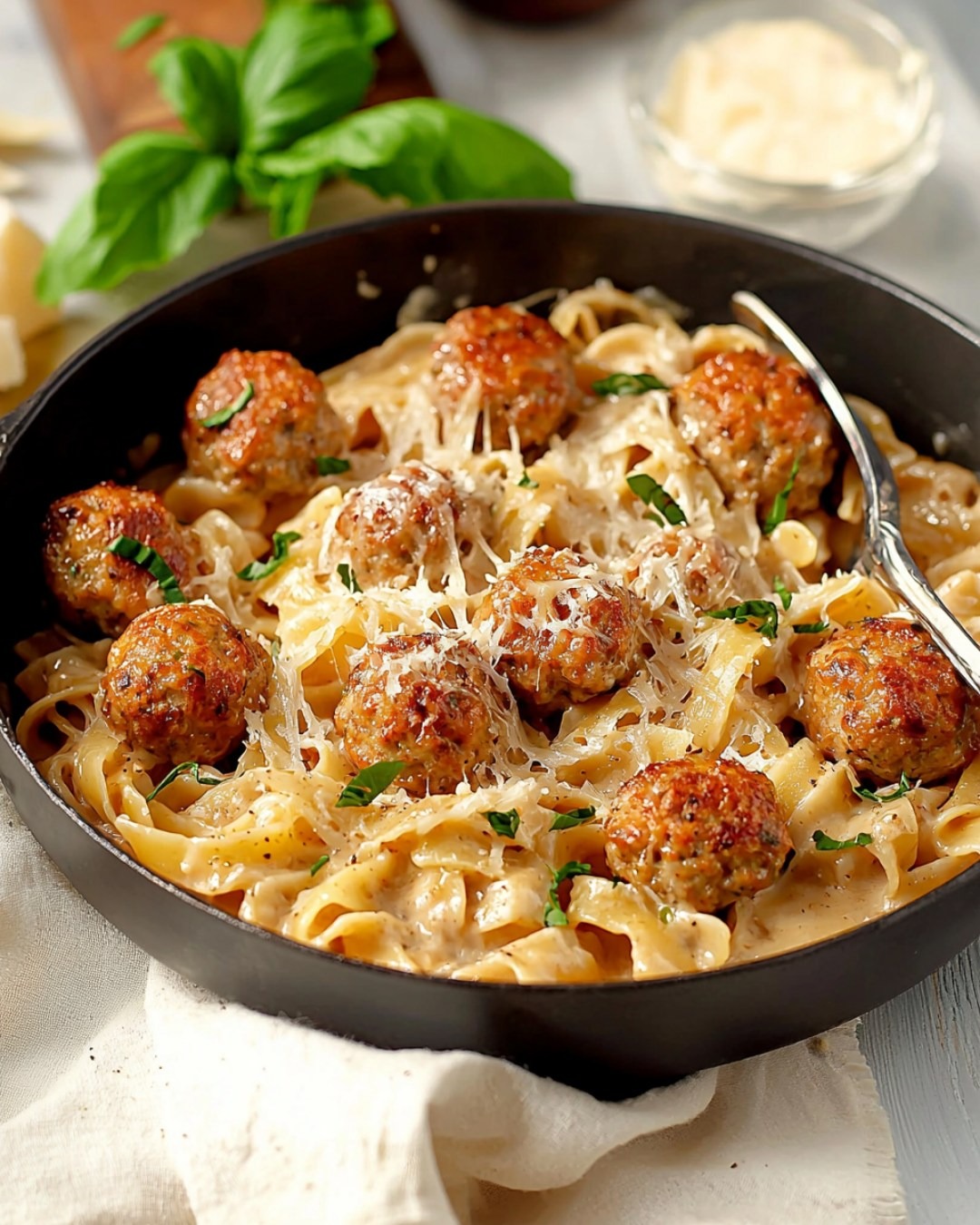 Boulettes de poulet et pâtes à la crème