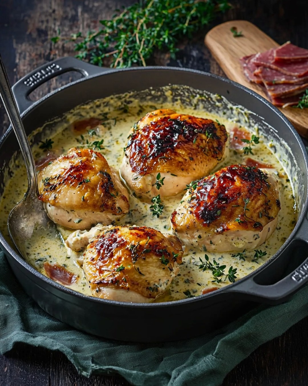 Poulet mijoté à la crème de parmesan et jambon de Parme