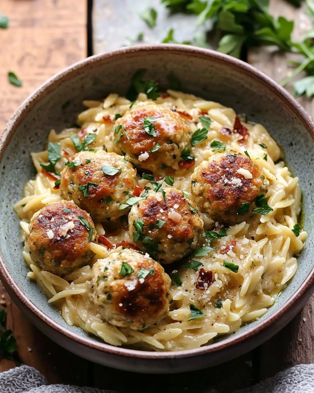 Boulettes de poulet et orzo crémeux au pecorino