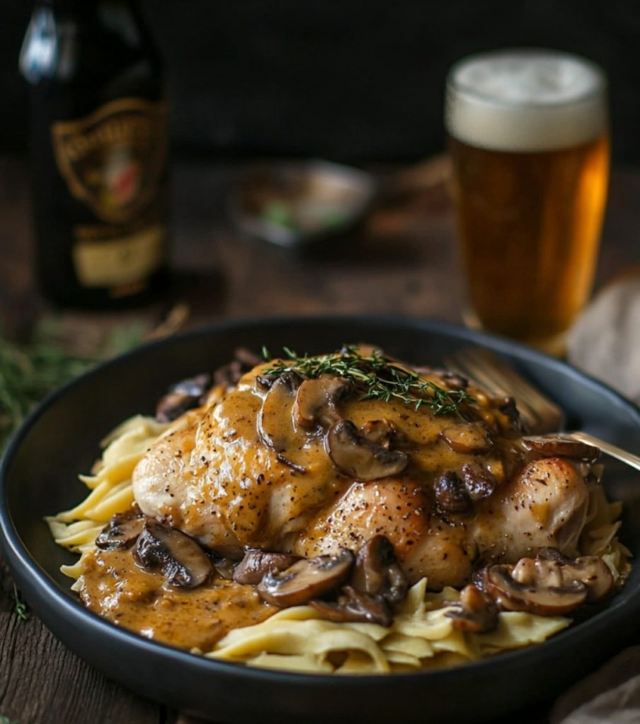 Poulet à la moutarde, aux champignons et à la bière