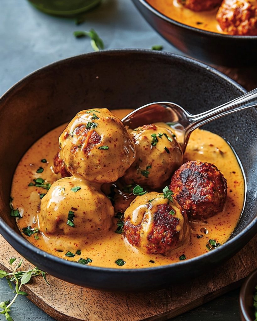 Boulettes de Poulet au Chorizo, Sauce Crémeuse au Paprika