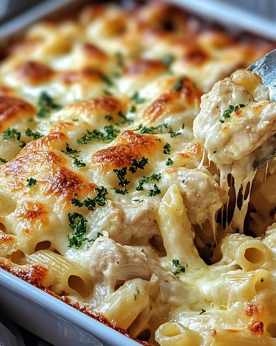 gratin de pâtes au poulet et au parmesan à l’ail