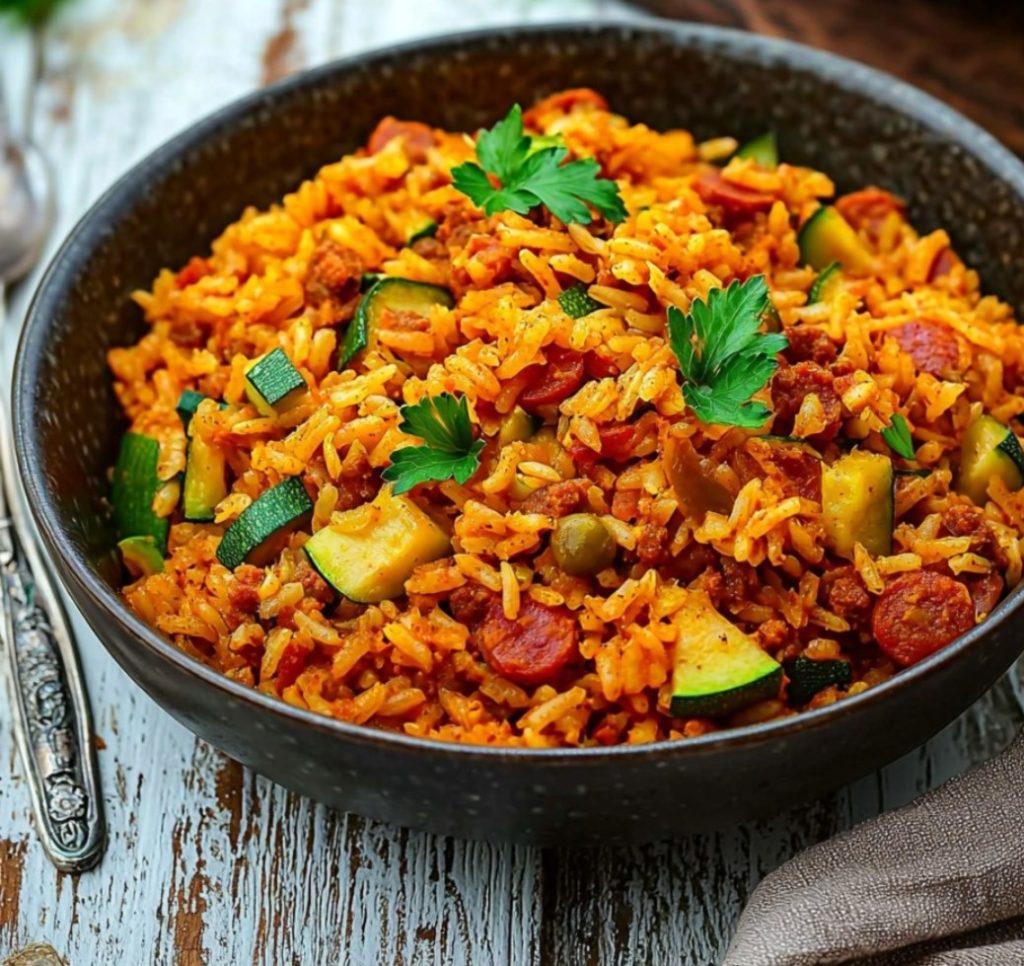 Riz Pilaf au Chorizo, Courgette et Poivron