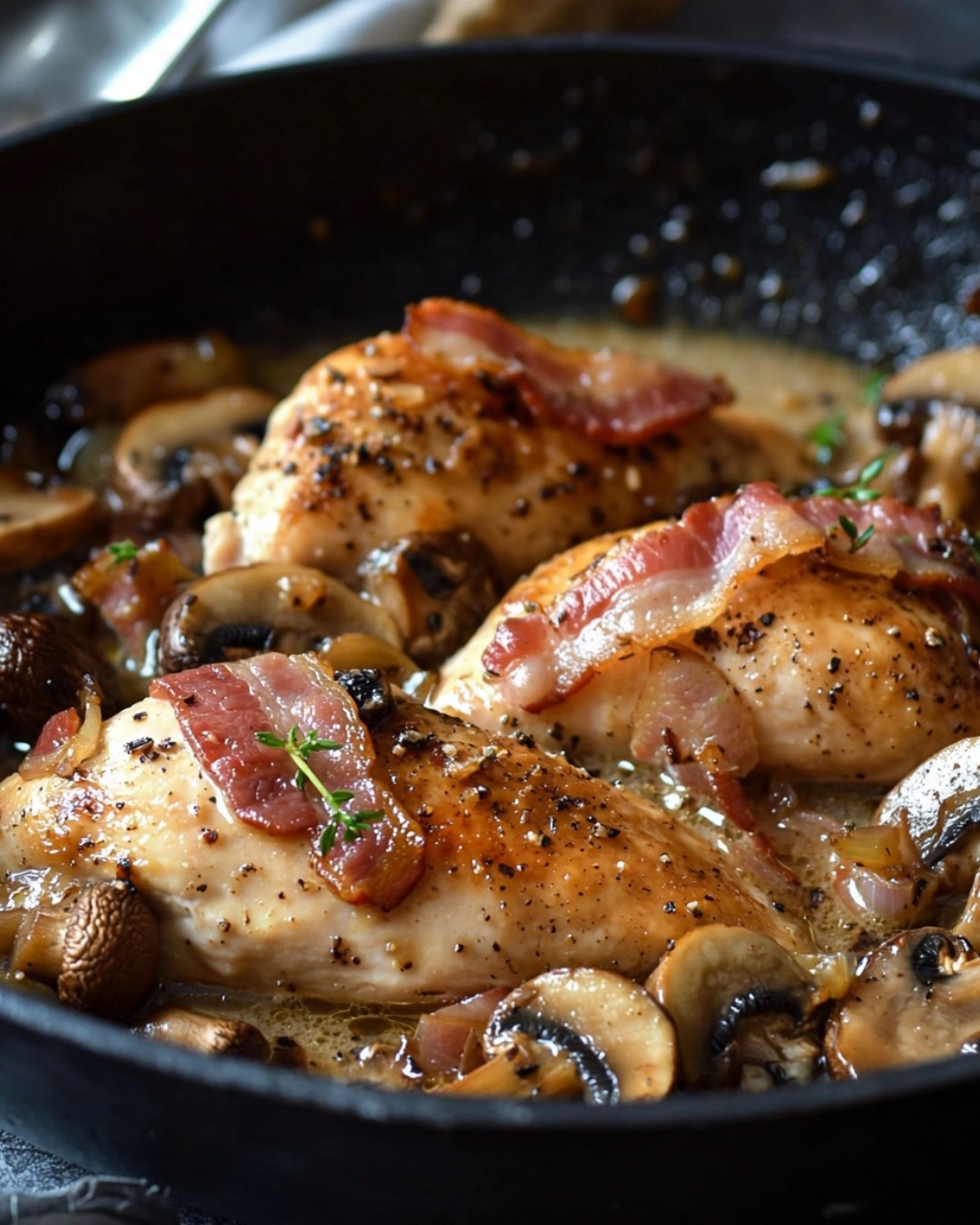 Suprêmes de poulet Val-Dieu aux champignons, lardons, échalotes et miel