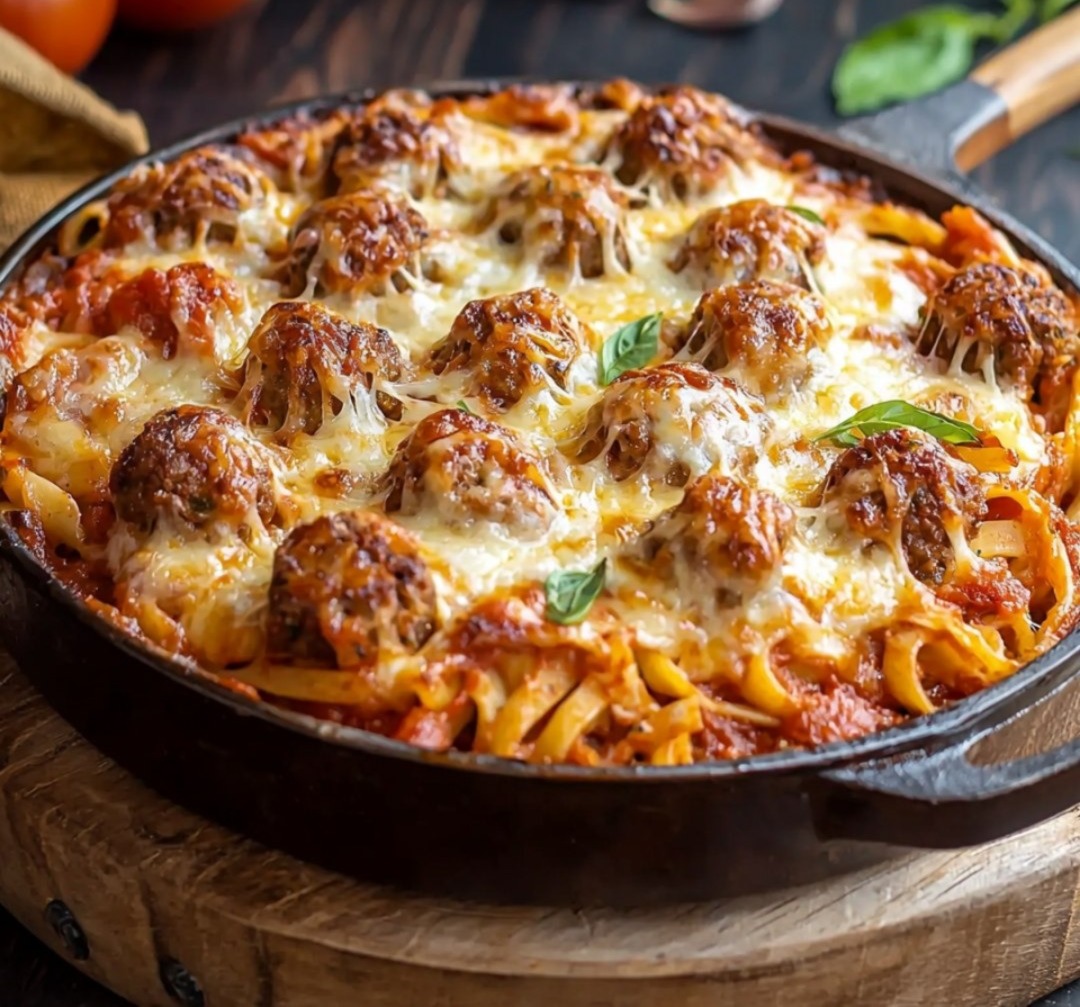 Gratin de Linguine aux Boulettes de Viande en Sauce Tomate