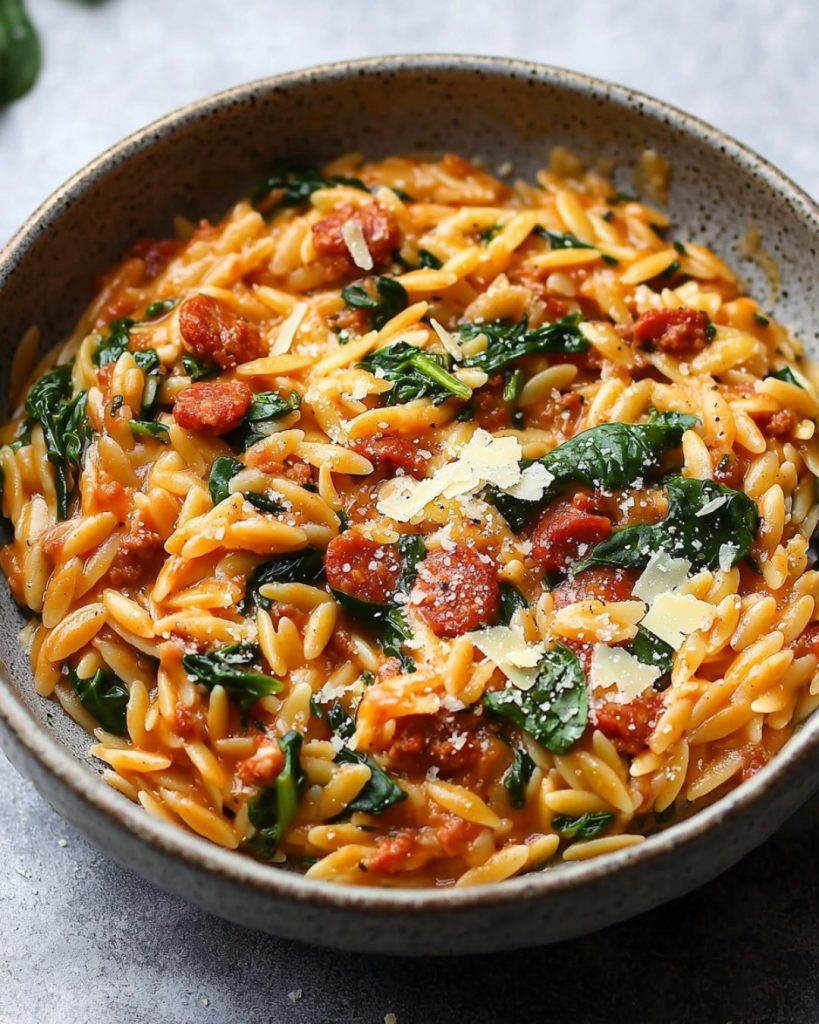 Orzo crémeux au chorizo, épinards et parmesan râpé